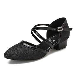 HXYOO Geschlossene Zehenpartie, niedriger Absatz, Glitzer-Ballsaal-Tanzschuhe für Damen, Salsa, Lateinamerikanische Hochzeit, Party, 3,8 cm Absatz, S11-1, Schwarz: 3,8 cm, 38 EU von HXYOO