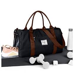 Sport Duffel Bag Damen,Sporttasche mit Nassfach&Schuhfach Reise Duffel Bags Übernachtungstasche Leichte wasserdichte Sporttasche Handgepäcktasche für Herren Wochenend,Schwarz(mit braunem Band) von HYC00