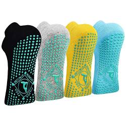 HYCLES Anti-Rutsch-Socken Damen - 4 Paar Yoga, Pilates, Barre, Tanz, Ballett, Trampolin, Krankenhaus Schwarz+Grau+Naturgelb+Blau 35-40 von HYCLES