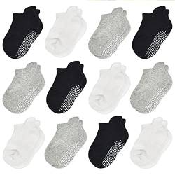 HYCLES Kleinkind-Socken – 12 Paar Anti-Rutsch-Socken für Babys, Jungen, Mädchen, Kinder, rutschfeste Sox, Schwarz+Hellgrau+Weiß, 1-3 Jahre von HYCLES