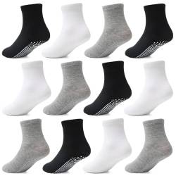 HYCLES Stoppersocken Kinder - 12 Paar ABS Socken Kinder Baby Jungen Kleinkind Rutschfeste Socken Antirutsch Socken Mädchen 02 Schwarz+weiß+hellgrau für 6-12 Monate von HYCLES