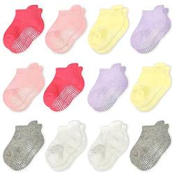 HYCLES Stoppersocken Kinder - 12 Paar ABS Socken Kinder Baby Jungen Kleinkind Rutschfeste Socken Antirutsch Socken Mädchen 2*Weiß+2*Mittelrot+2Hellgrau+2*Helllila+2*Hellgelb+2*Hellrosa für 1-3 Jahre von HYCLES