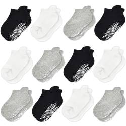 HYCLES Stoppersocken Kinder - 12 Paar ABS Socken Kinder Baby Jungen Kleinkind Rutschfeste Socken Antirutsch Socken Mädchen 4 Schwarz+4 Hellgrau+4 Weiß für 1-3 Jahre von HYCLES