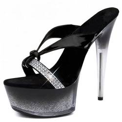 HYDgfiuf Damen Plateau High Heels Schwarz Strass Pantoletten Sandalen Sexy Stripper Club Hochzeitskleid Party Schuhe Plus Größe 34-45,Schwarz,37 von HYDgfiuf