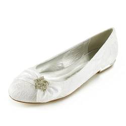 Frauen Spitzehochzeitsschuhe Runde Zehe Ballerinas Slip Auf Flache Brautschuhe,Elfenbein,44 EU von HYMYSUNY