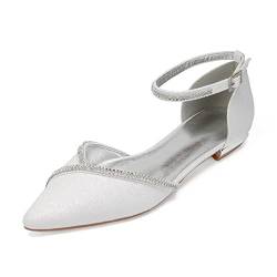 HYMYSUNY Ballerinas Für Damen Flache Absatz Spitze Bling Strass Brautschuhe Glitzer Knöchelriemen Ballett Flache Schuhe,Elfenbein,39 EU von HYMYSUNY