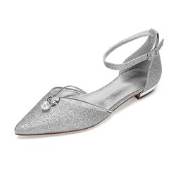 HYMYSUNY Damen Ballerina Schuhe Glitzer Spitze Zehen Ballerinas Hochzeit Schuhe Ballettschuhe Ballerinas Knöchelriemen Kleid Pumpt Schuhe,Silber,43 EU von HYMYSUNY