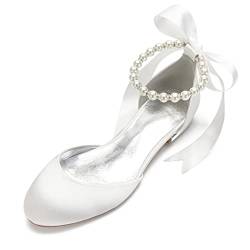 HYMYSUNY Damen Elfenbein Brautschuhe Satin Runde Toe Perle Knöchelriemen Flache Hochzeitsschuhe,Elfenbein,40 EU von HYMYSUNY