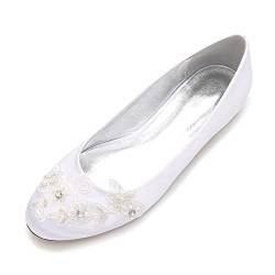 HYMYSUNY Damen Geschlossene Zehe Flache Hochzeitsschuhe Satin Runde Zehen Niedrige Ferse Flache Brautschuhe,Weiß,39 EU von HYMYSUNY