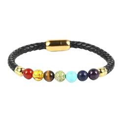 HYXC Chakra Armband Echte Steine, Naturstein 7 Chakra Stein Armbänder Golden Fashion 8Mm Perlen Lederarmbänder Energie Edelstein Armreifen Balance Yoga Schmuck Für Frauen Männer Paar von HYXC