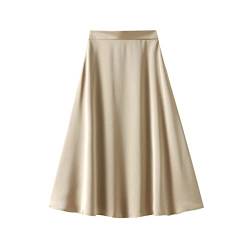 Röcke Damen,Damen Midirock Beige Satin A-Linie Rock Mit Hoher Taille Mode Reißverschluss Fließende Geraffte Rüschen Einfarbig Elegant Lange Röcke Für Mädchen Damen,M von HYXC