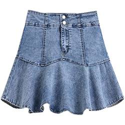 Röcke Damen,Damen-Minirock Blau High Waist Spleißen Denim Rüschen Hüften Wickelrock Schlank A-Linie Lagenrock Mit Hosen Mode Kurzer Rock Für Mädchen Damen, XXL von HYXC