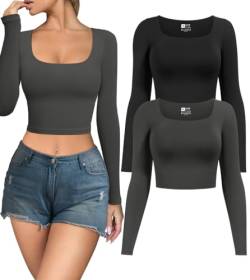 HYZ Damen 2-teiliges T-Shirt, langärmelig, hohe Dehnbarkeit, bequem, zum Ausgehen, Workout, Fitnessstudio, tailliertes Crop Tops, Schwarz Drakgrey, Klein von HYZ