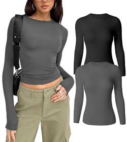 HYZ Damen Casual Langarm Rundhals Slim Fit Ausgehen Nahtlos Zweiteilige Tops T-Shirt, Schwarz Dunkelgrau, Klein von HYZ