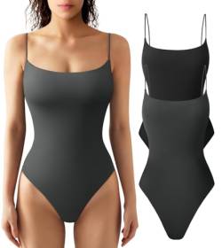 HYZ Damen Sommer Zweiteiliger Gymnastikanzug Sexy Ärmellos Spaghettiträger Weich Basic Tanga Bodysuit Tops, Schwarz Drakgrey, M von HYZ