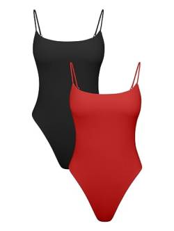 HYZ Damen Sommer Zweiteiliger Gymnastikanzug Sexy Ärmellos Spaghettiträger Weich Basic Tanga Bodysuit Tops, Schwarz Rot, S von HYZ