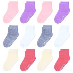 HYzgb Kleinkindsocken Mädchen 3 4 5 Jahre Cotton Crew Kindersocken mit rutschfesten Griffen 12 Paar Kinder-Griffsocken für Kinder mit farbenfrohem Design für Babys, Weiß/Grau/Lila/Rosa/Gelb von HYzgb