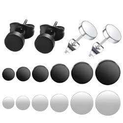 HZAOPZE 12 Paar Dot Ohrstecker Unisex Edelstahl Ohrstecker Runde Flat Top Ohrringe Schwarz Set Damen Herren Mädchen (3mm-8mm) Halloween Punk Rock Ohrstecker, schwarz und silber von HZAOPZE