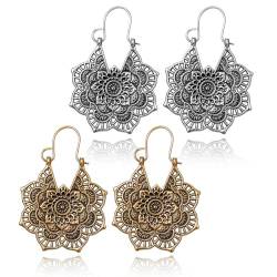 HZAOPZE 2 Paar Vintage Ohrringe-Boho Mandala Blume Ohrringe Gold Tropfen Ohrringe Tribal Ohrringe Vintage Ethnische Creolen Schmuck für Mädche und Frauen(Gold und Silber) von HZAOPZE