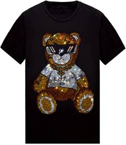 HZCX Herren Damen T-Shirt mit Strasssteinen, kurzärmelig, merzerisierte Baumwolle, Glasbär schwarz, XX-Large von HZCX FASHION