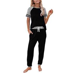 Pyjamahose Kariert Damen Damen-Pyjama-Set Kurzarm-Farbblock-Nachtwäsche-Oberteile mit Langen Hosen -Set Nachtwäsche Nachthemd Hemd Damen (Black, L) von HZMM