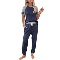 Pyjamahose Kariert Damen Damen-Pyjama-Set Kurzarm-Farbblock-Nachtwäsche-Oberteile mit Langen Hosen -Set Nachtwäsche Nachthemd Hemd Damen (Dark Blue, M) von HZMM