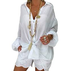 HZQIFEI Damen Langarm Strandkleid Bikini Cover Up Strandponcho Sommer Bademode Longshirt Strandhemd (Weiß, 5XL) von HZQIFEI