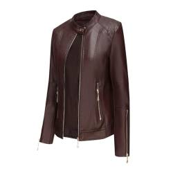 HZQIFEI Damen PU Leder Jacke, Motorrad Biker Lederjacke Kurz Leicht Kunstlederjacke Reißverschluss Mantel PJK14 (Braun, XL) von HZQIFEI