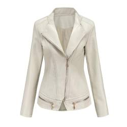 HZQIFEI Damen PU Leder Jacke, Motorrad Biker Lederjacke Kurz Leicht Kunstlederjacke Reißverschluss Mantel PJK17 (Beige, M) von HZQIFEI