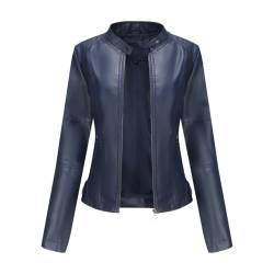 HZQIFEI Damen PU Leder Jacke, Motorrad Moto Biker Lederjacke Kurz Leicht Kunstlederjacke Reißverschluss Mantel PJK02 (Dunkelblau, XXL) von HZQIFEI