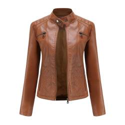 HZQIFEI Damen PU Leder Jacke, Motorrad Moto Biker Lederjacke Kurz Leicht Kunstlederjacke Reißverschluss Mantel PJK07 (Braun, M) von HZQIFEI