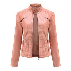 HZQIFEI Damen PU Leder Jacke, Motorrad Moto Biker Lederjacke Kurz Leicht Kunstlederjacke Reißverschluss Mantel PJK07 (Rosa, S) von HZQIFEI