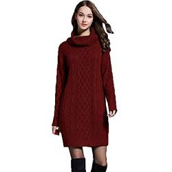 HZQIFEI Damen Strickkleider Langarm Rollkragen PulloverKleid Pullikleid Einfarbig Minikleid Casual Lose Wickelkleid Winter Pulli Sweater Kleid (Weinrot, 3XL) von HZQIFEI