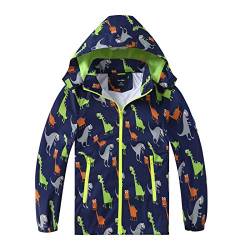 HZXVic Regenjacke Kinder, Kapuzen Outdoor Wasserdichte Jacke, Softshelljacke Kinder mit Dinosauriern 7-8Jahre von HZXVic