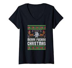 Damen Hässliche Weihnachtsgeschenke lustig Frohe Weihnachten T-Shirt mit V-Ausschnitt von Hässliches Weihnachts-T-Shirt Kaboom!