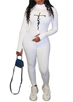 Damen Einteiler Bodycon Jumpsuits Langarm Stehkragen Reißverschluss Hohe Taille Gerippte Outfits, Weiß mit Stickerei, Groß von Hafailia