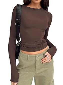 Hafailia Tailliertes Basic Langarmshirt Damen - Casual Y2K Langarm Tops Rundhalsausschnitt Slim Fit T-Shirts, Dunkelbraun, Mittel von Hafailia