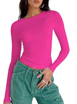Hafailia Tailliertes Basic Langarmshirt Damen - Casual Y2K Langarm Tops Rundhalsausschnitt Slim Fit T-Shirts, Rose, Mittel von Hafailia