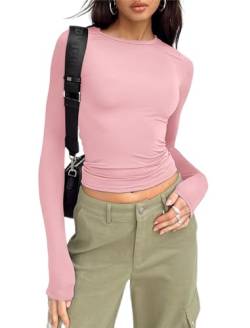 Hafailia Tailliertes Basic-Langarmshirt für Damen - Lässige Y2K Langarm-Tops Rundhalsausschnitt Slim Fit T-Shirts, Pink, Klein von Hafailia