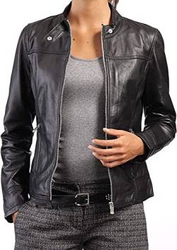 Damen Echtleder Asymmetrische Bikerjacke - Echtes Lammfell Lederjacken für Damen | Klassische Biker-Stil Lederjacke für Damen | Slim Fit Moto Lederjacke, Schwarz , 50 von Hafsah