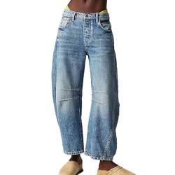 Lässige Damen-Ballonhose weites Bein mittlere Taille verkürzte Jeanshose Y2K lockere Baggy-Jeans mit Taschen (Color : Blue, Size : L) von HaiDu
