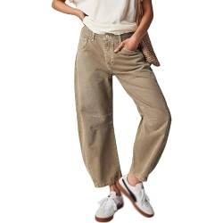 Lässige Damen-Ballonhose weites Bein mittlere Taille verkürzte Jeanshose Y2K lockere Baggy-Jeans mit Taschen (Color : Kahki, Size : XL) von HaiDu