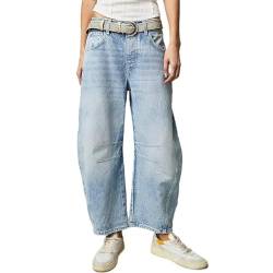 Lässige Damen-Ballonhose weites Bein mittlere Taille verkürzte Jeanshose Y2K lockere Baggy-Jeans mit Taschen (Color : Lightblue, Size : L) von HaiDu