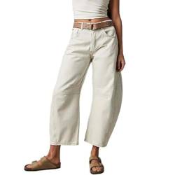 Lässige Damen-Ballonhose weites Bein mittlere Taille verkürzte Jeanshose Y2K lockere Baggy-Jeans mit Taschen (Color : White, Size : L) von HaiDu