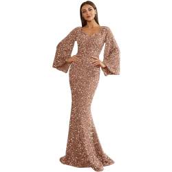 Abend Gwons für Frauen Lange Damen Pailletten Maxikleider Damen Solide Fischschwanz Glänzende Kleider Langarm Glitzer Cocktailkleider V-Ausschnitt Body Enges Kleid Damen Glänzendes Swing Kleid, gold, von HaicoM