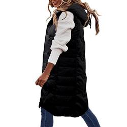 Damen Weste Bodywarmer Longline Weste Jacke Damen Ärmellos Lange Steppweste Kapuze Knopf Solide Puffer Gilet Gepolsterte Jacke Winter Oberbekleidung Slim Fit Warme Taschenweste, Schwarz 4, 50 von HaicoM