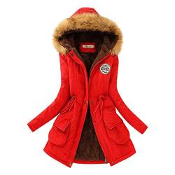 Damen Winter Wanderjacken Damen Fleece Gefüttert Warm Verdickter Mantel mit Fuzzy Kapuze Damen Reißverschluss Offen Warm Trendy Cardigans Slim Fit Mode Schnee Outwear Mantel Winddichte Jacke, rot, 46 von HaicoM