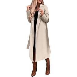 HaicoM Drap Wasserfall Jacke für Frauen Plus Size Damen Faux Wolle Revers Mantel mit Gürtel Damen Trenchcoat Lange Rückenschlitz Jacke Damen Slim Fit Elegant Mantel Taschen Windprrof Outwear, beige, von HaicoM