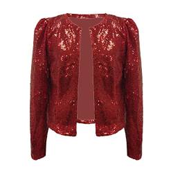 HaicoM Frauen Sparkle Shrug Damen Abend Glitzer Offene Front Langarm Blazer Frauen Casual Mode Pailletten Shinny Cardigan Jacke Loose Fit Oberbekleidung Party Club Cocktail Kurze Tops, rot, 40 von HaicoM