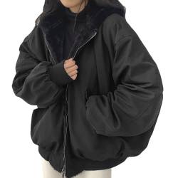 Teen Girl Wendejacke Stehkragen Jacken für Frauen Plus Size Damen Solid Wintermantel Cropped Damen Plüsch und verdickte künstliche Lammwolle Kapuzenjacke auf beiden Seiten, Schwarz , 38 von HaicoM